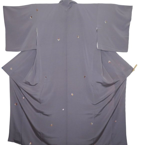 Japanese Kimono Silk Houmongi Vintage Solid Gray Embroidery 59in - Picture 1 of 10